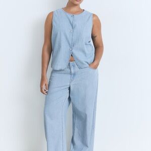 Mango Light Blue Mid Rise Denim Wide-Leg Pants women size 48/ USA size 16